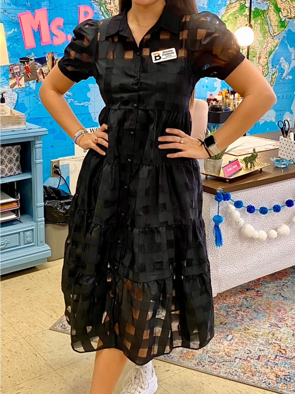 Umgee Black Checkered Sheer Button-Front Tiered Midi Dress